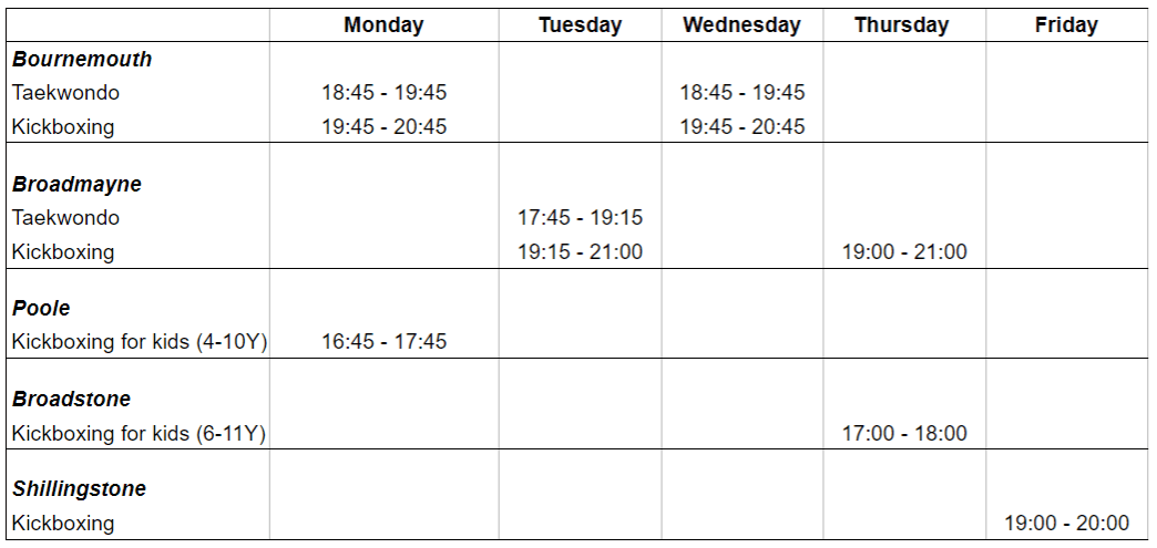 Martial Arts Timetable